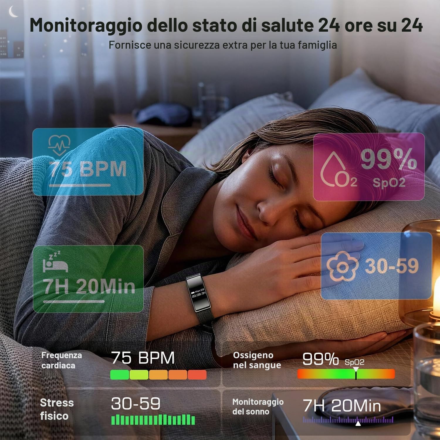 Detalle 2 de Fitness Tracker Smart Band Donna Uomo con Nx Wear: monitoraggio salute 24/7, SpO2 e sonno, IPX8