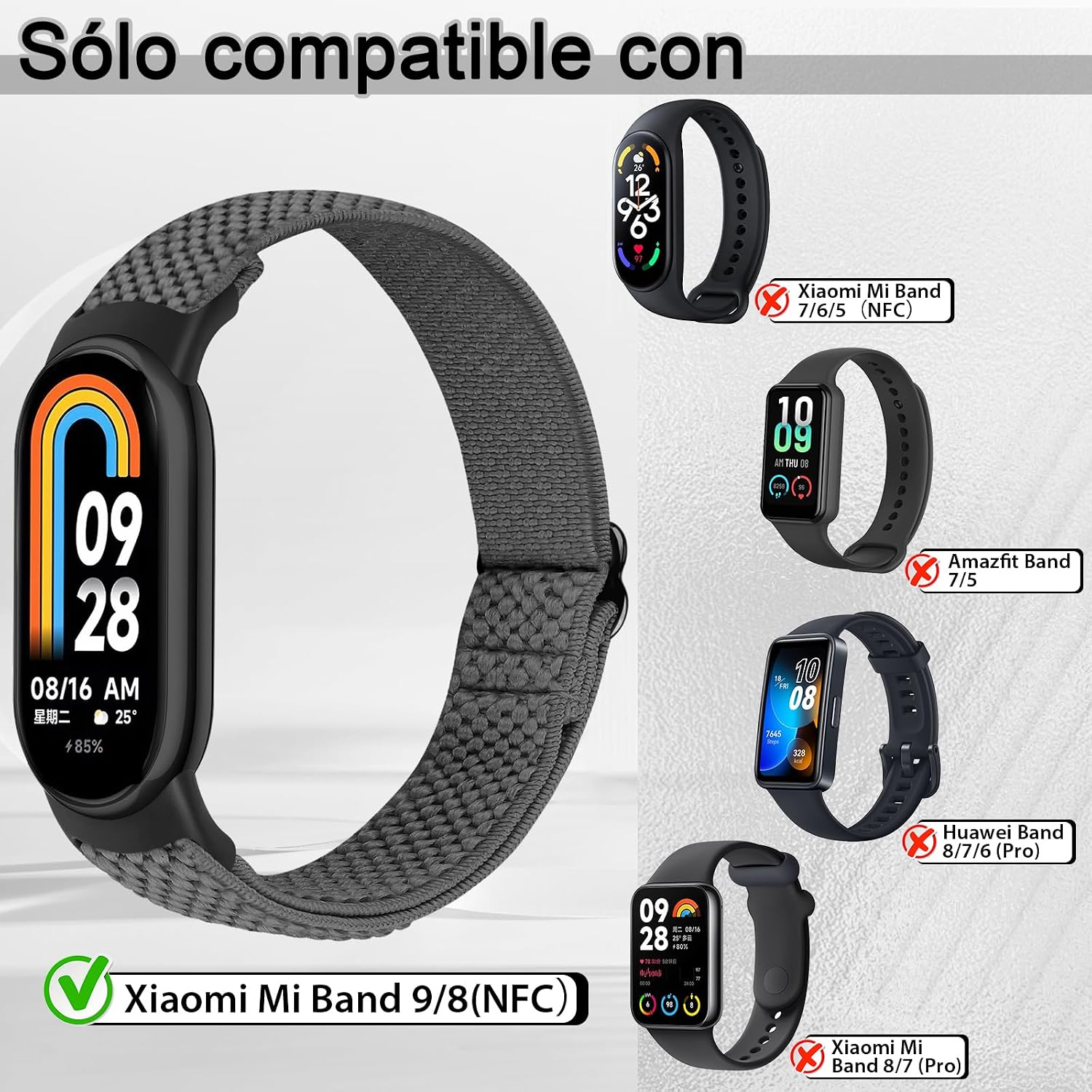 Detalle de BTTNG Correa Elástica de Nylon para Xiaomi Smart Band 8/9/10 — 2 uds. Ajustables y Transpirables