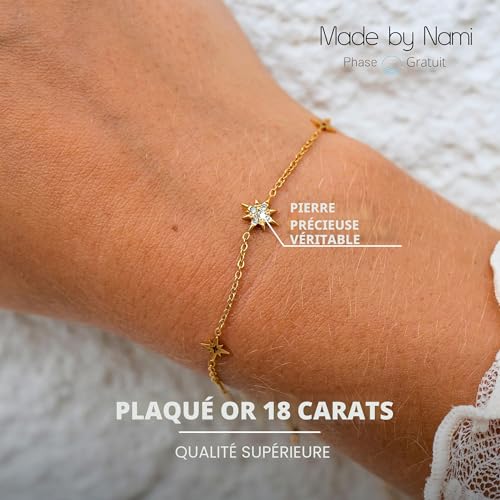 Detalle de Made by Nami Bracelet Femme Acier Inoxydable 316L Étoile Doré Réglable 16+3cm Hypoallergénique