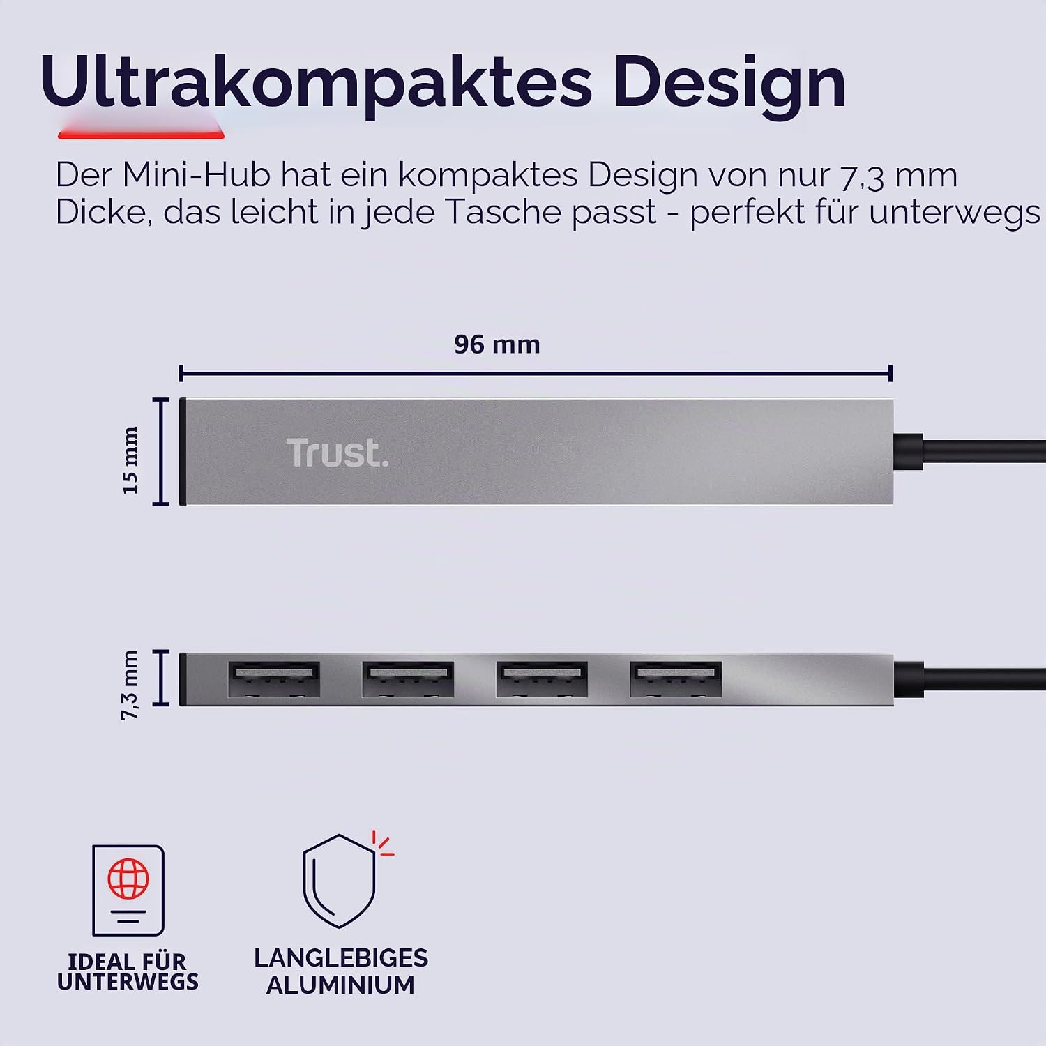 Detalle de Trust Halyx Mini USB Hub – Aluminium, 4 Ports, USB 2.0