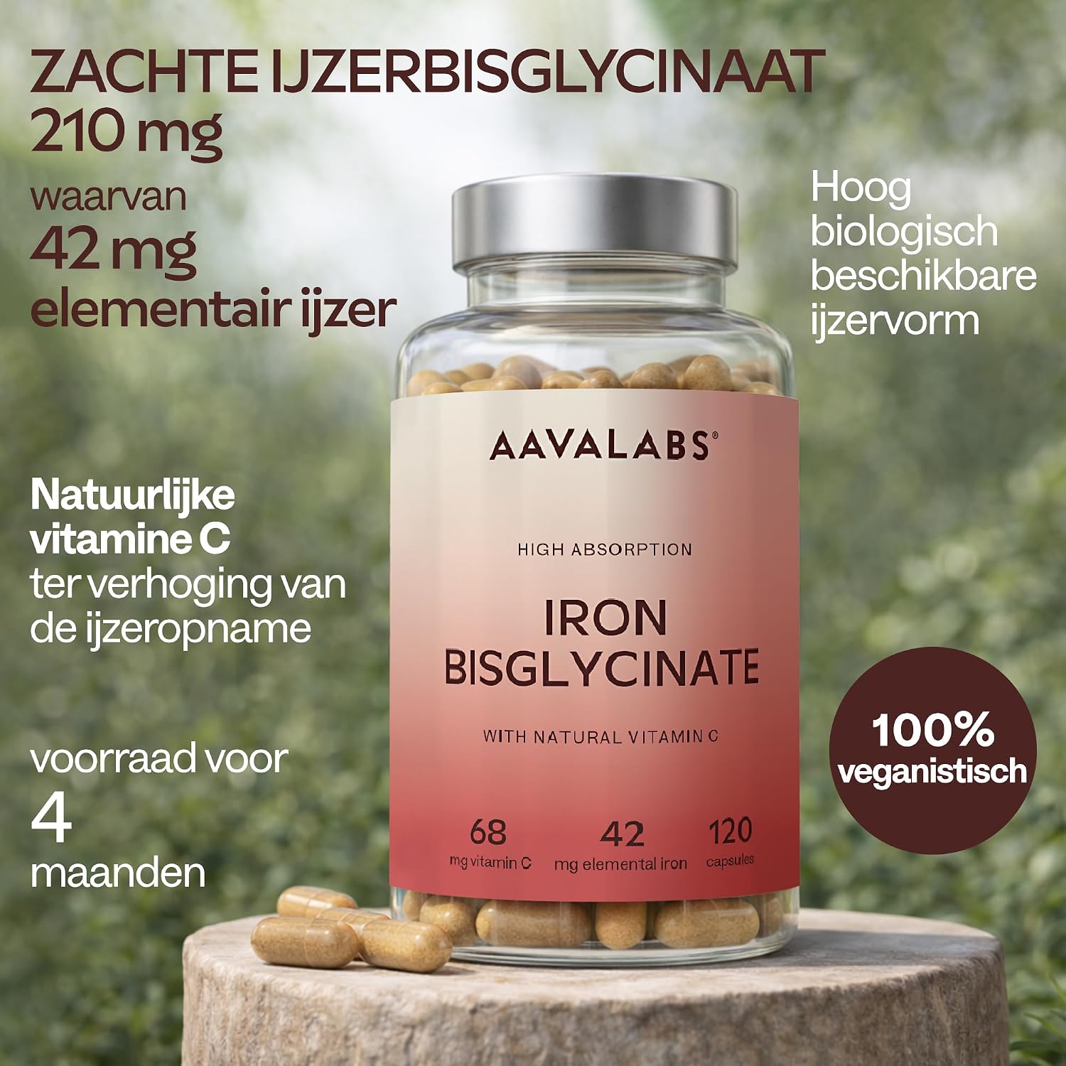 Detalle 2 de AAVALABS ijzercapsules met bisglycinaat, natuurlijke vitamine C en 42 mg ijzer