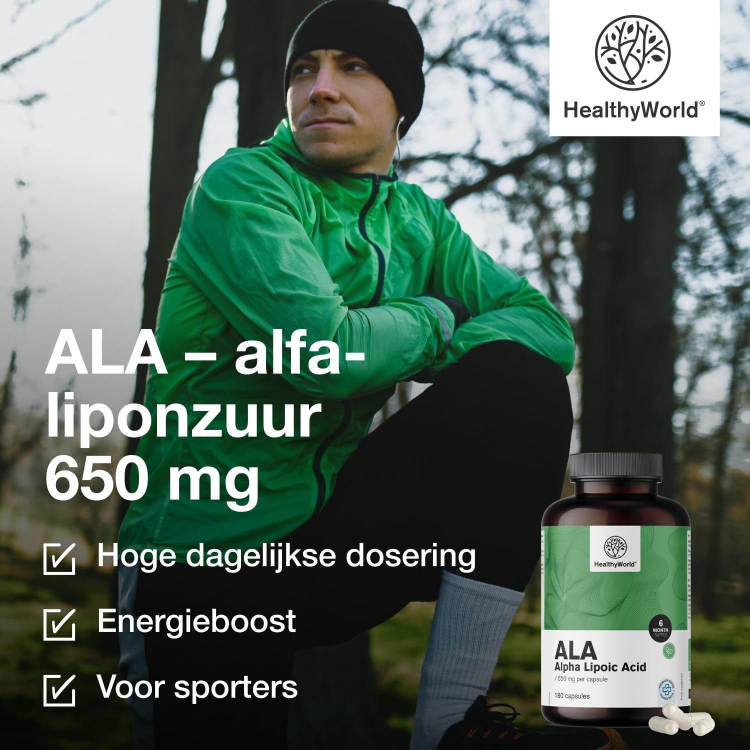 Detalle de HealthyWorld ALA 650 mg alfa-liponzuur, 180 plantaardige capsules