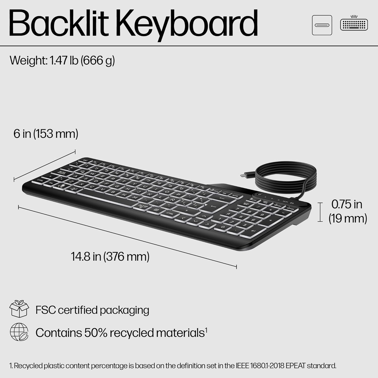 Thumbnail 5 de HP 400 Backlit Wired Keyboard (UK layout) with Warm White LEDs, 12 Programmable Keys, USB-C/USB-A