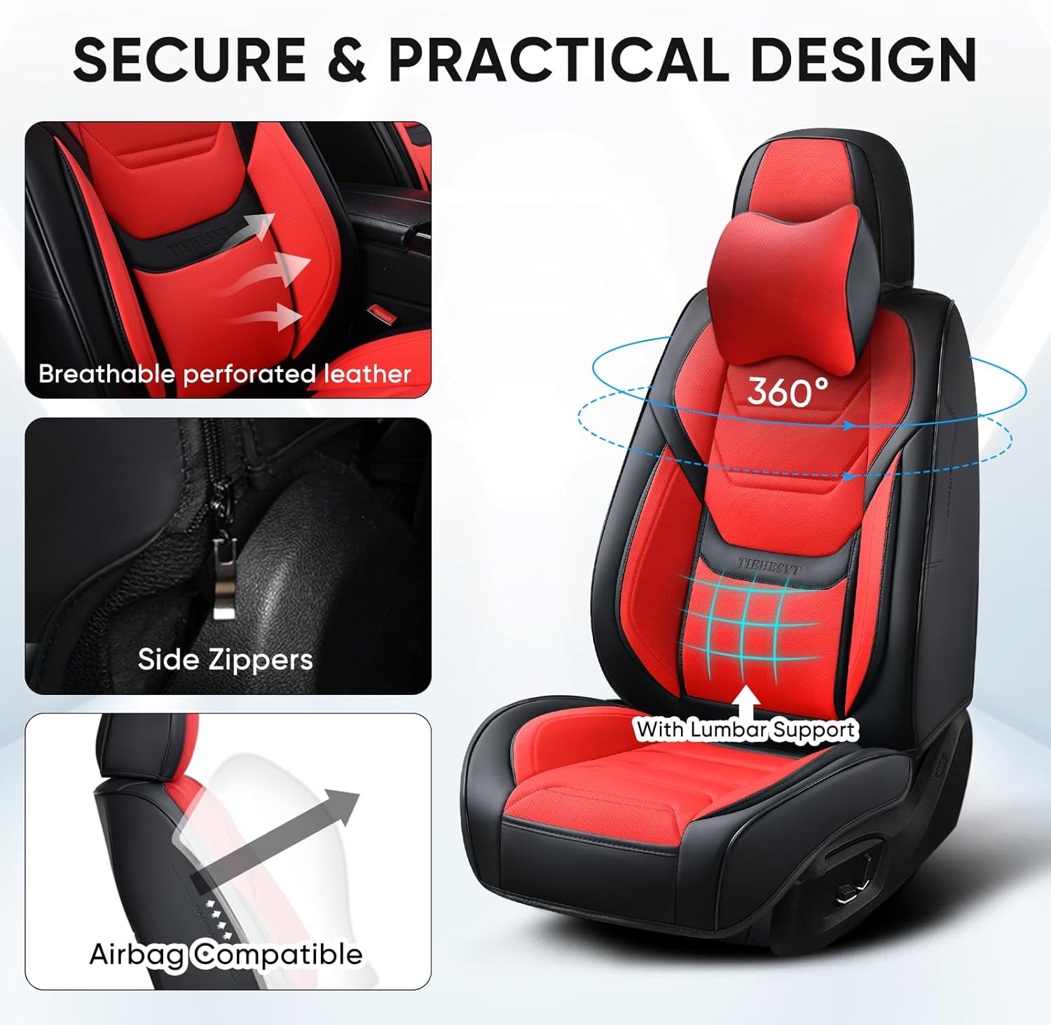 Thumbnail 6 de TIEHESYT Car Seat Covers Full Set (Black & Red) with Removable Headrest Support
