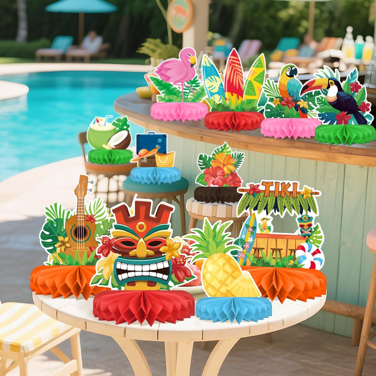 Thumbnail 5 de Hawaiian Luau Party Decorations Set: Aloha Theme Honeycomb Centerpieces for Tiki and Luau Parties