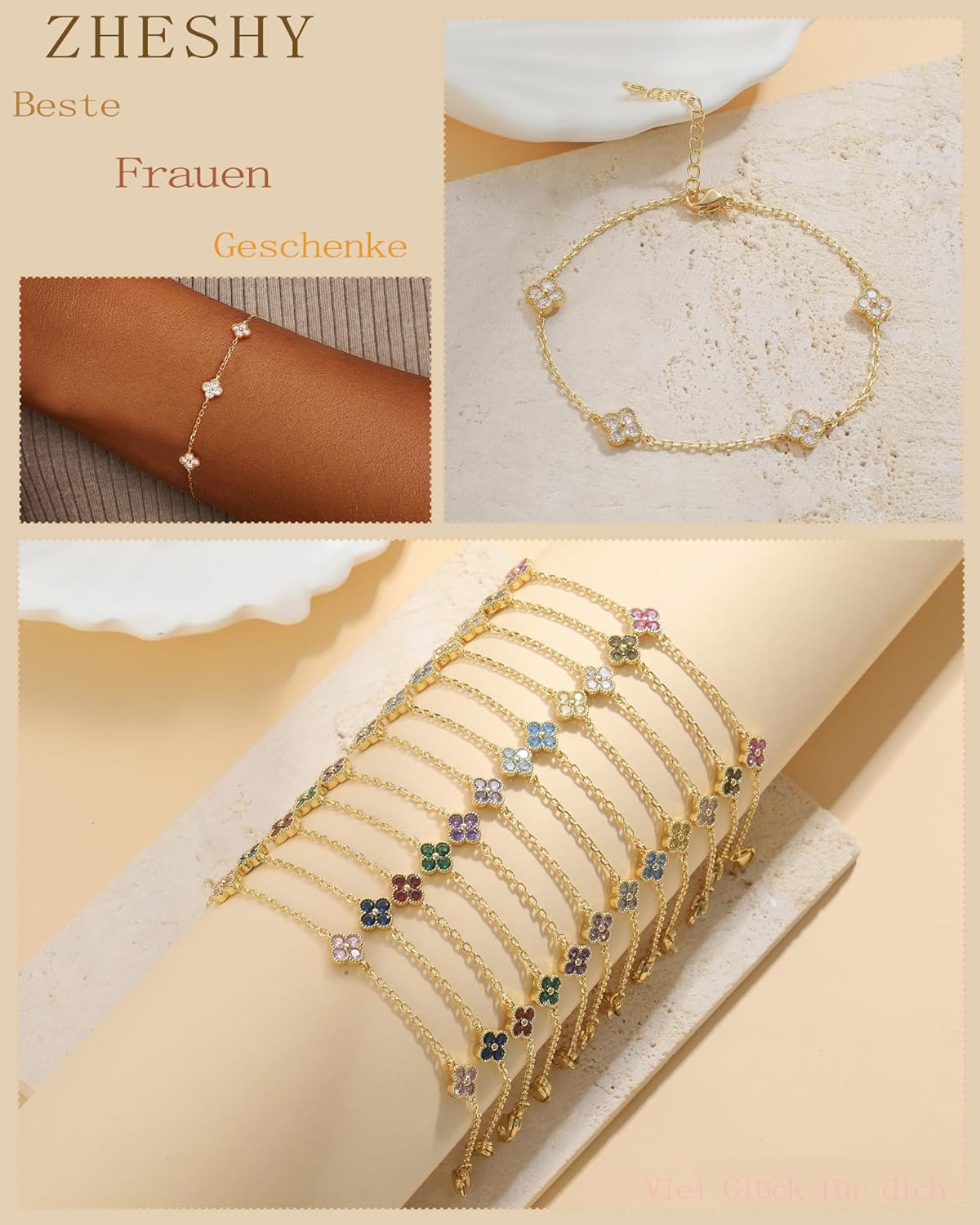 Thumbnail 3 de Bracelet femme ZHESHY plaqué or avec trèfle à 4 feuilles et pierre de naissance (tanzanite) réglable