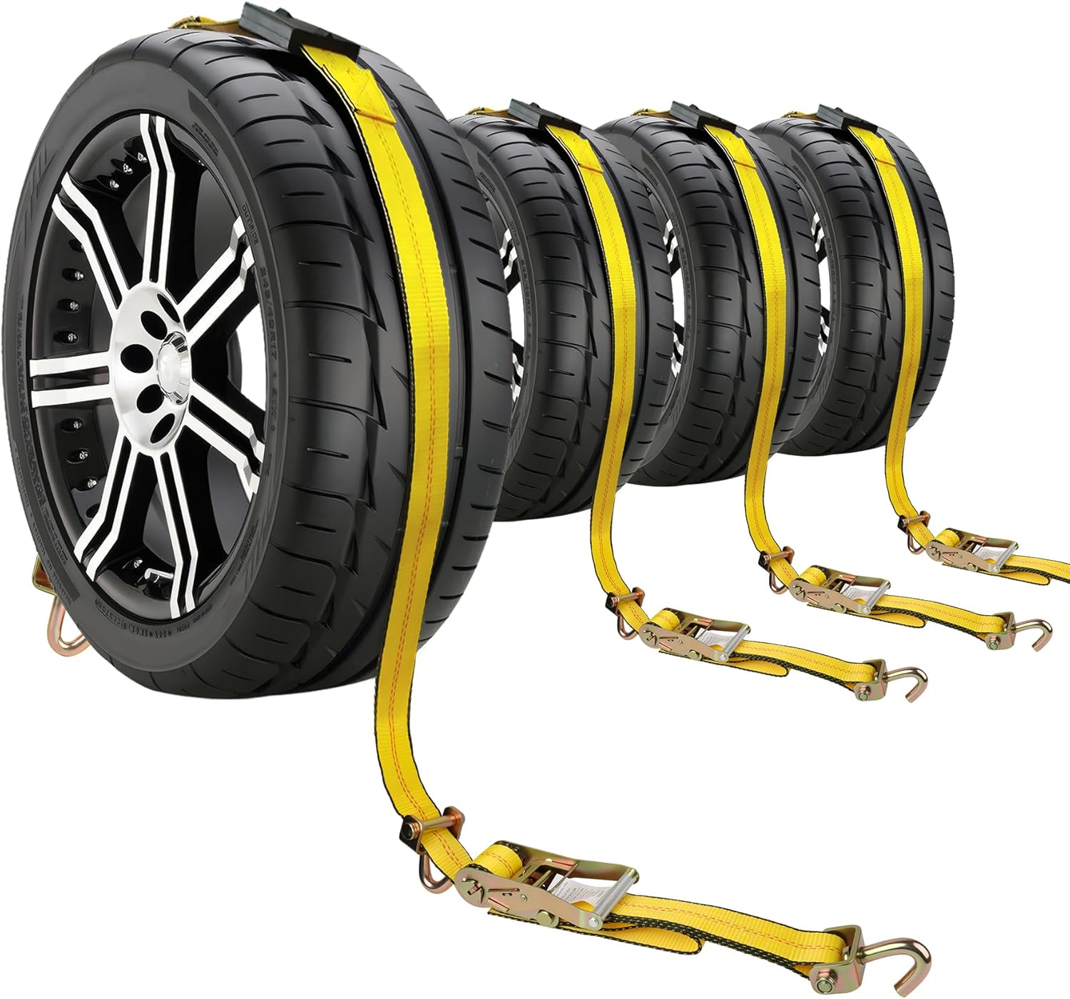 Autofonder Car Hauler Straps Heavy Duty 10,000 lbs – 3-Point Tire Tie Down Straps for Trailers (Over The Wheel with Rubber Cleats)