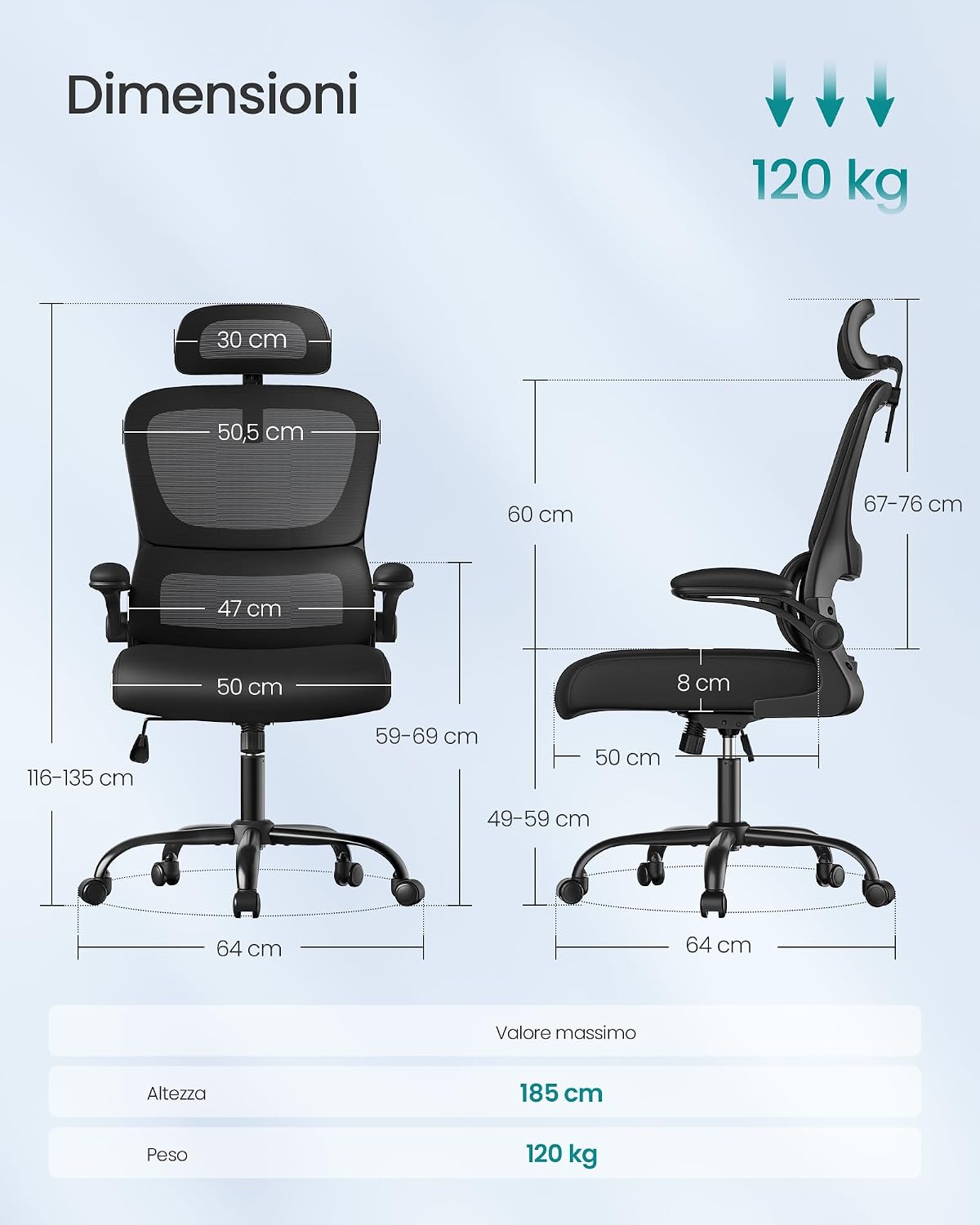 Detalle de SONGMICS Sedia ergonomica da ufficio con rete a doppio strato, poggiatesta regolabile e supporto lombare adattabile OBN041B01
