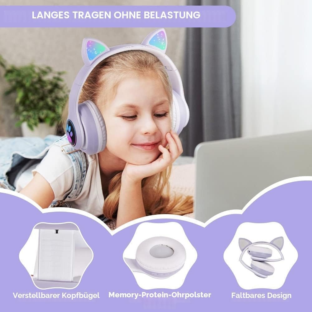 Thumbnail 6 de AXFEE Kinderkopfhörer Bluetooth mit Katzenohren, klappbar, LED & Mikrofon (inkl. MicroSD/TF)