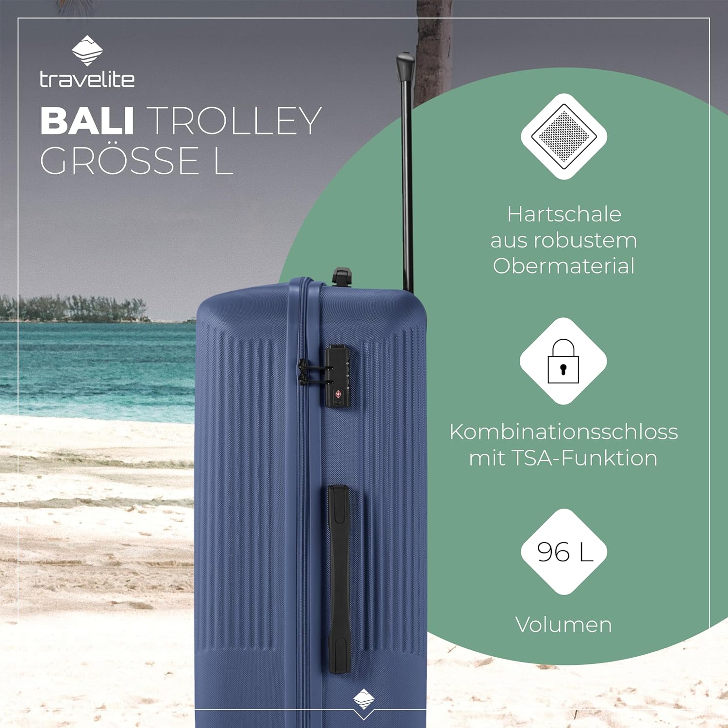 Detalle de Travelite 4-Rad Hartschalenkoffer groß 96 Liter Bali ABS mit TSA Schloss – 77 cm