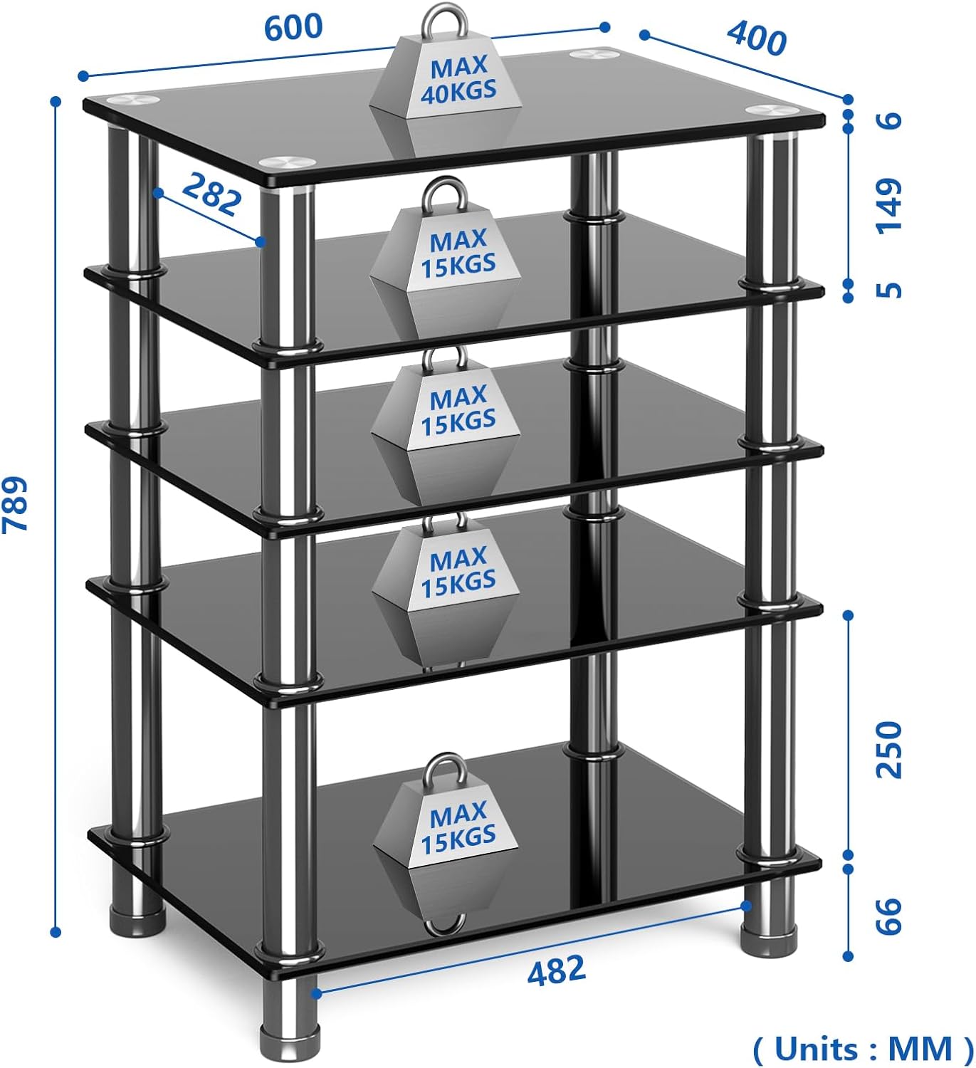 Thumbnail 2 de Meuble HiFi Console 5 niveaux HF1002 en verre trempé noir pour TV, lecteur DVD, Xbox et consoles