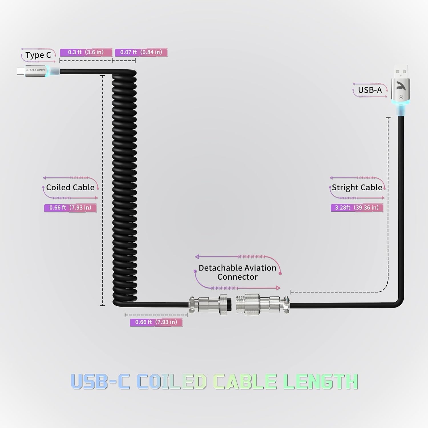 Detalle de ATTACK SHARK C01 ULTRA RGB-Spiralkabel für Gaming-Tastaturen – USB-C auf USB-A, TPU, Aviator-Stecker, Schwarz
