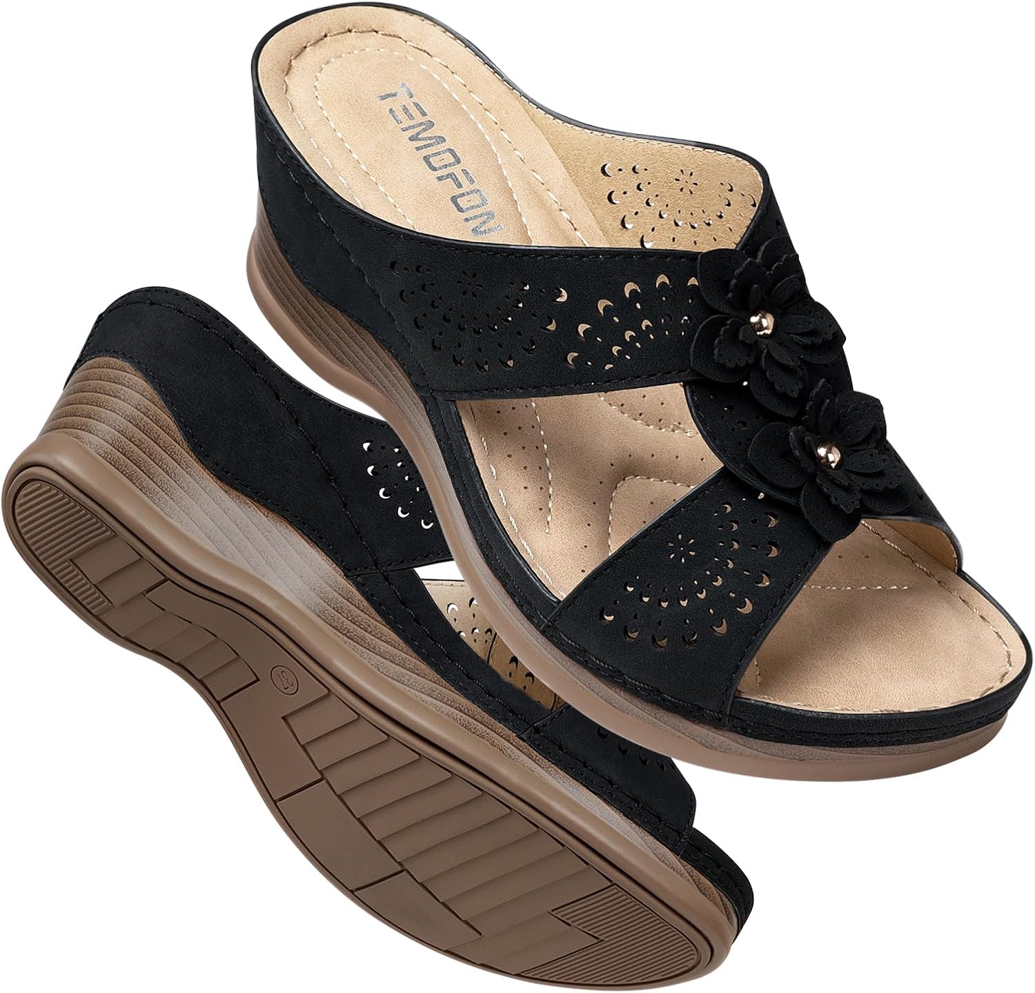 Detalle de TEMOFON Women’s Low Wedge Leather Sandals (Rubber Sole) — Wide Sizes 5–11