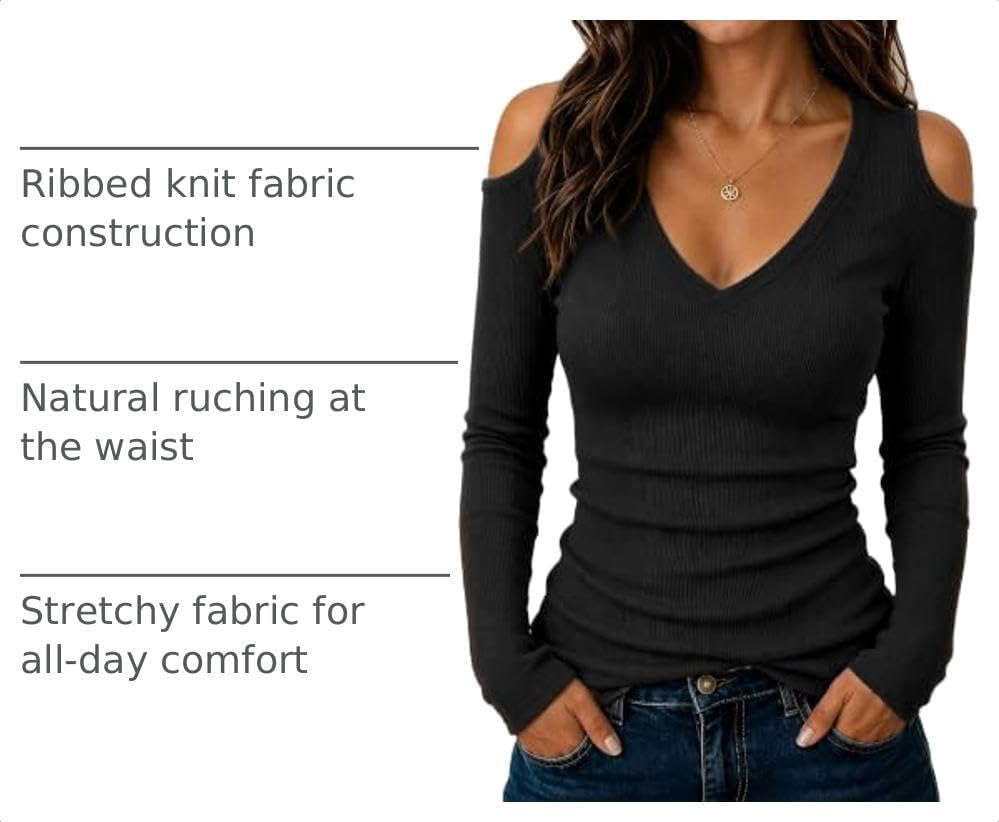 Detalle 2 de ELARAISE Women's Cold-Shoulder Top, Long-Sleeve V-Neck Ribbed Knit with Waist Ruching
