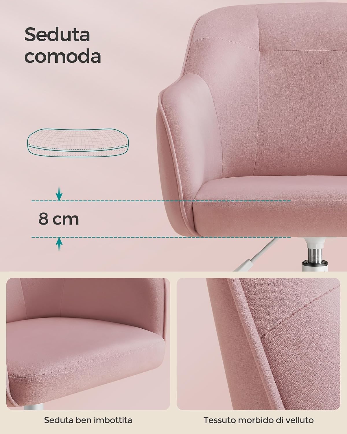 Detalle 2 de SONGMICS Sedia da Studio in Casa OBG019P02: Sedia Girevole Regolabile in Altezza, 110 kg, Rivestimento in velluto, Rosa gelatina