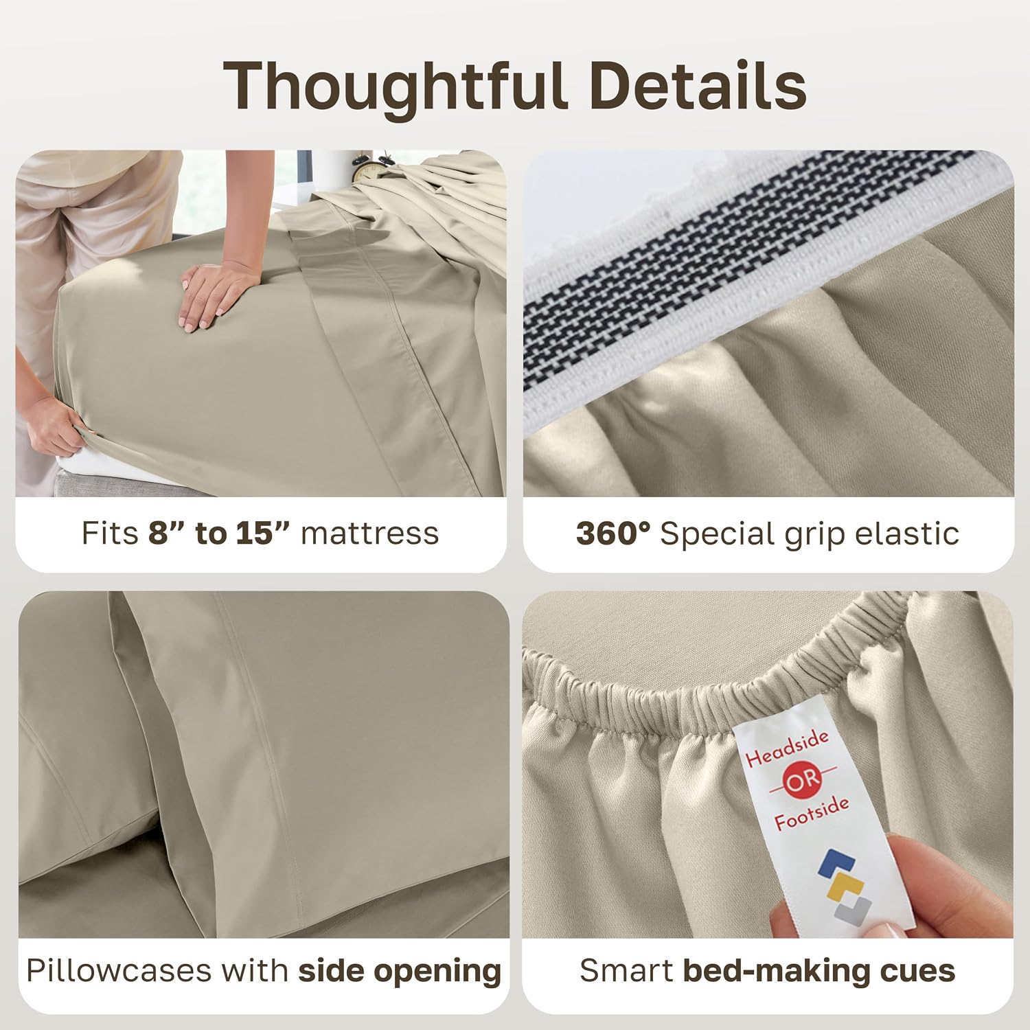 Detalle de California Design Den Split King Sheet Set (Luxury 800 Thread Count) in Beige