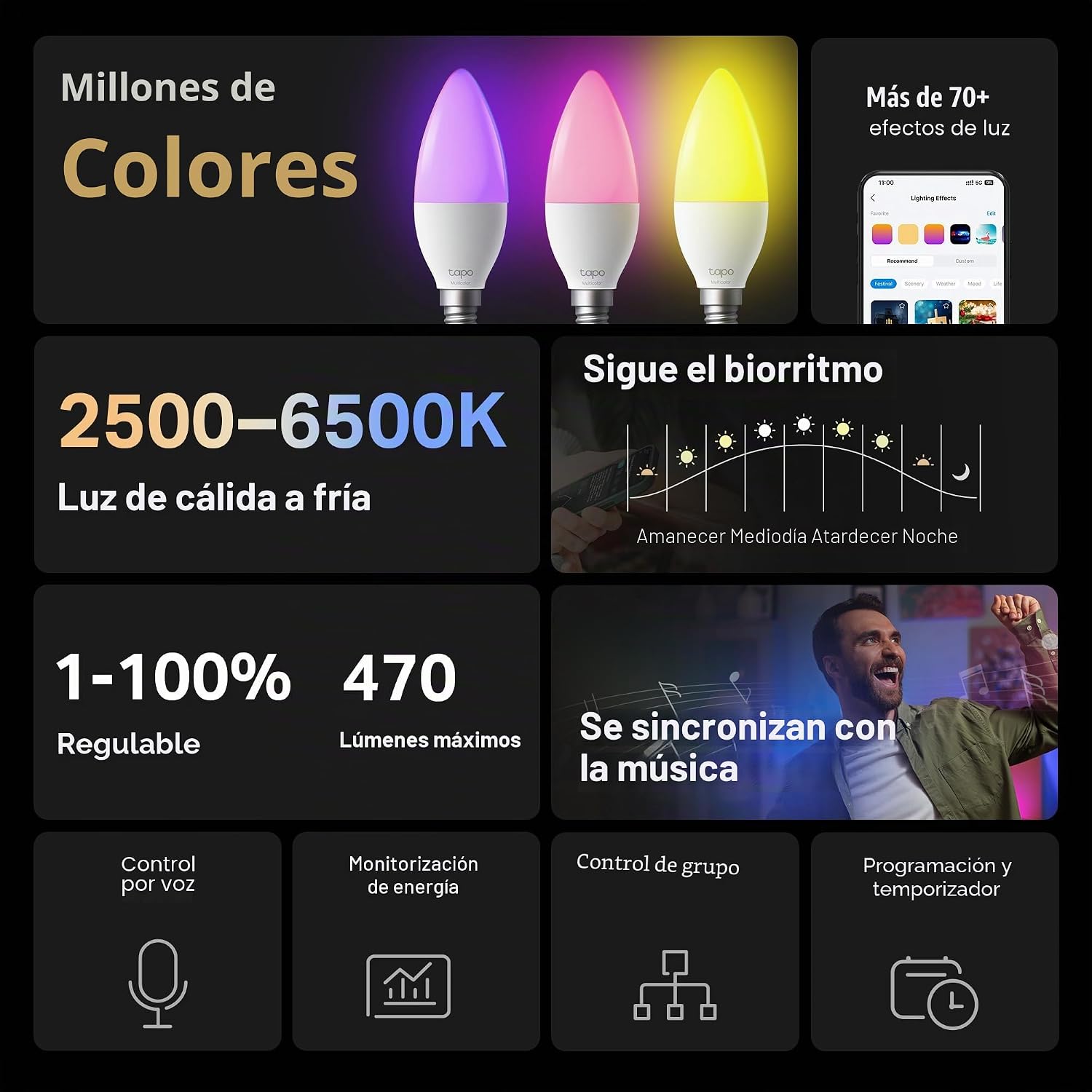 Detalle de Tapo Bombilla conectada WiFi E14 Multicolor 2500K–6500K (40W eq) – control por voz con Alexa