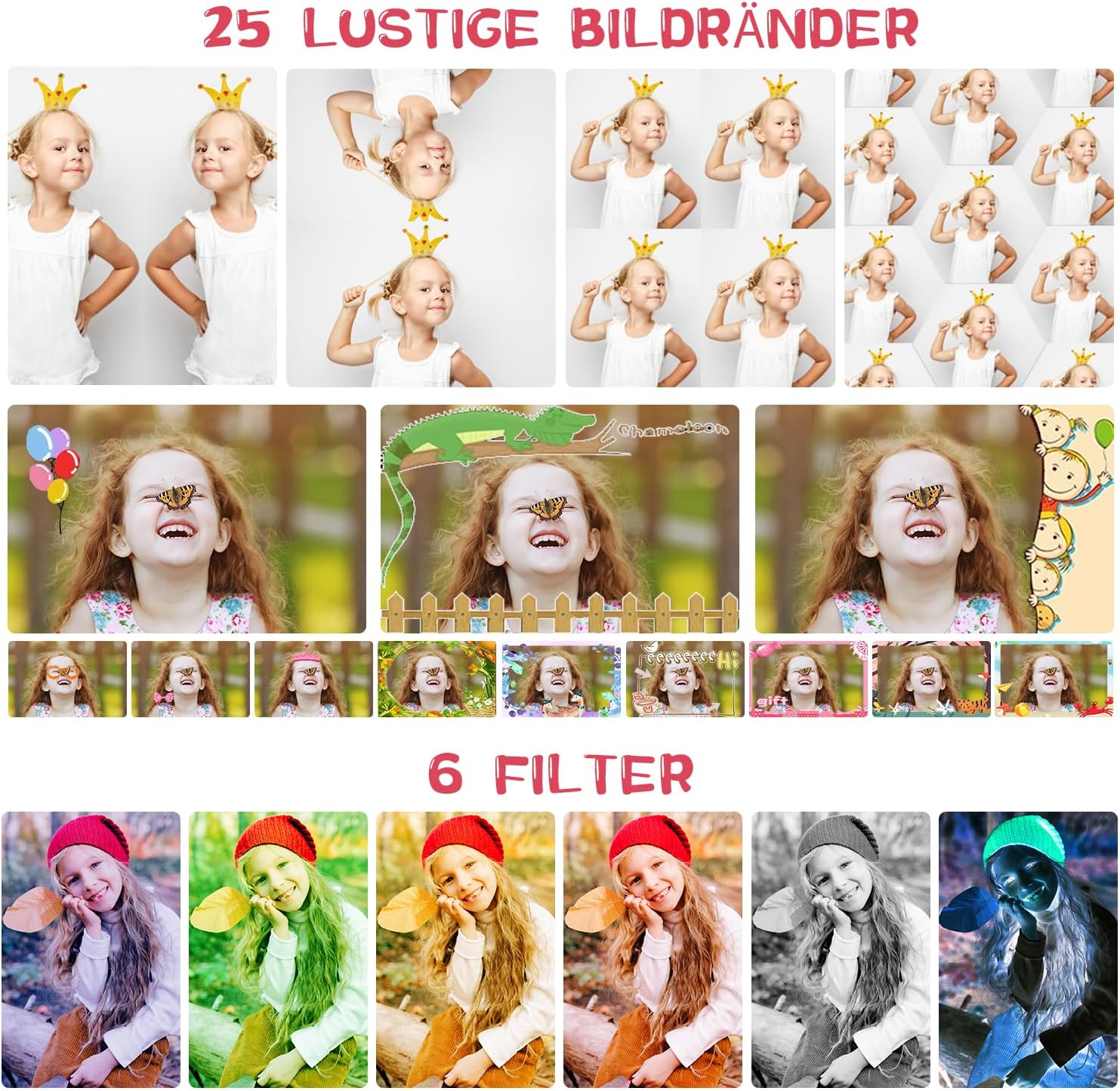Detalle de ARNSSIEN Digitalkamera für Kinder 3–12 Jahre – 2,4" Selfie-Kamera mit 180° Drehobjektiv, 1080P, 8GB TF-Karte, 31 Bilderrahmen & 10 Puzzle-Spiele