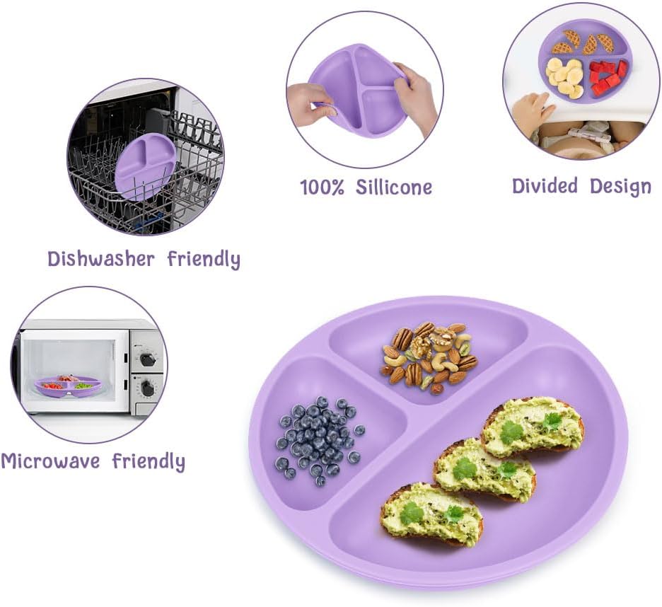 Detalle 2 de Vicloon Piatto per Bambini con Ventosa a 3 Scomparti – 2 Pezzi in Silicone (Viola/Rosa)
