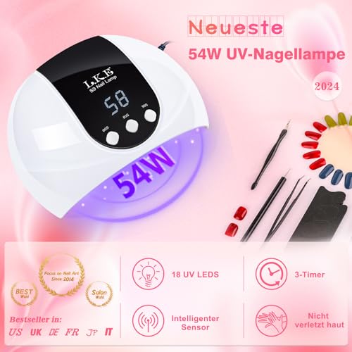 Detalle de LKE UV Lampe 54W für Gel-Nägel – Tragbar, USB-betrieben, 3 Timer, LCD Display, Auto-Sensor