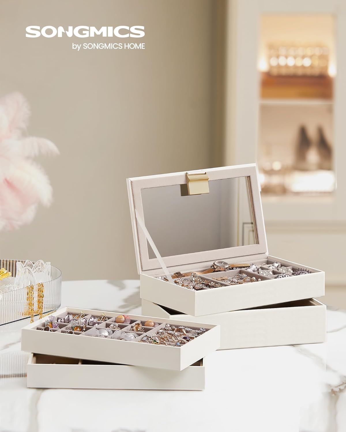 Detalle 2 de SONGMICS Jewellery Box, Stackable 4-Tier, Clear Glass Lid, Large