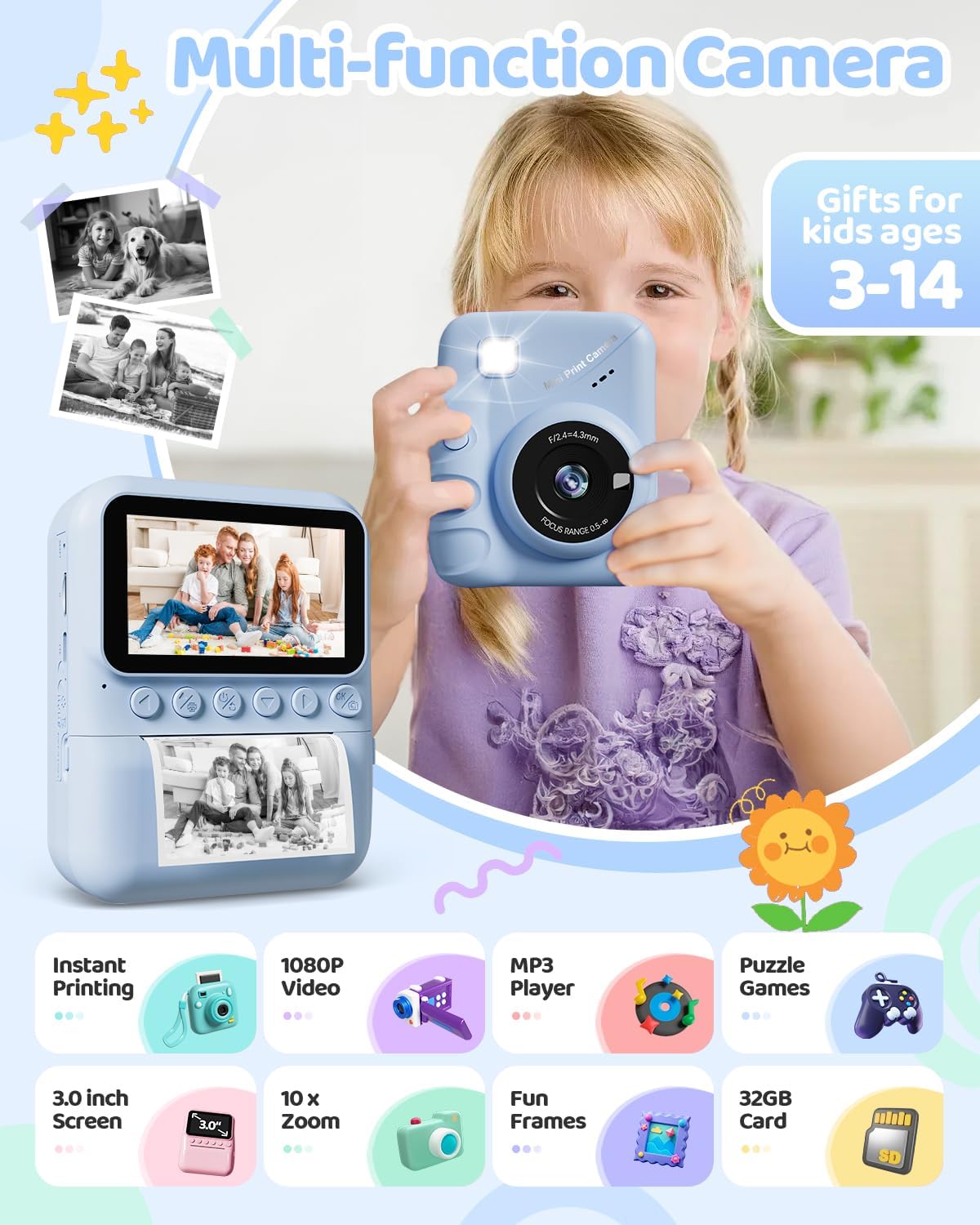 Detalle de TIATUA Macchina Fotografica Bambini Istantanea 3.0" Blu con 32GB e 3 Rotoli di Carta - Regalo Educativo per Ragazze e Ragazzi 3–12
