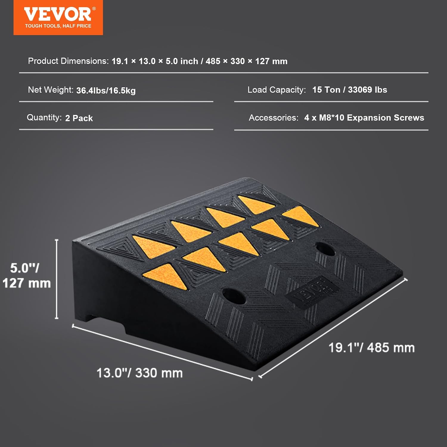 Thumbnail 6 de VEVOR Rubber Curb Ramp 5" Rise Height (2 Pack) — Heavy-Duty 15 T Threshold Ramps for Cars, Carts, and More