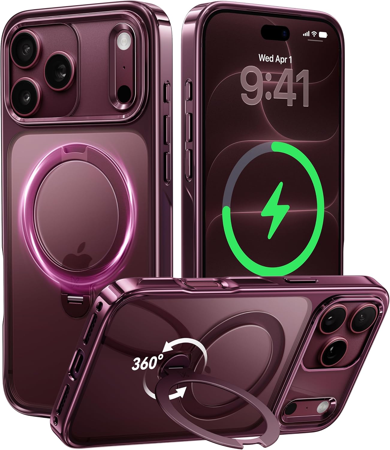 Detalle de CASEKOO Glossy Burgundy iPhone 18 Pro Max Case with 360° Magnetic Stand