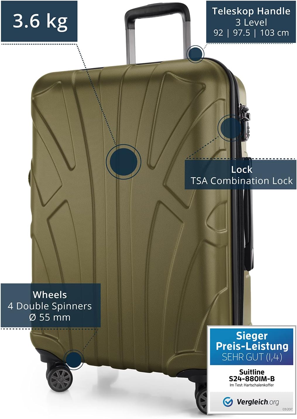 Detalle de SUITLINE Valigia rigida 66 cm Avocado – 58 L, ABS opaco, espansione, TSA