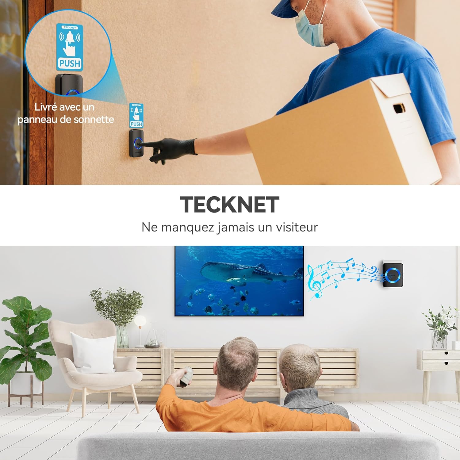 Thumbnail 6 de TECKNET Sonnette sans fil extérieure étanche IP65, 400 m : 1 transmetteur + 1 récepteur, 60 mélodies
