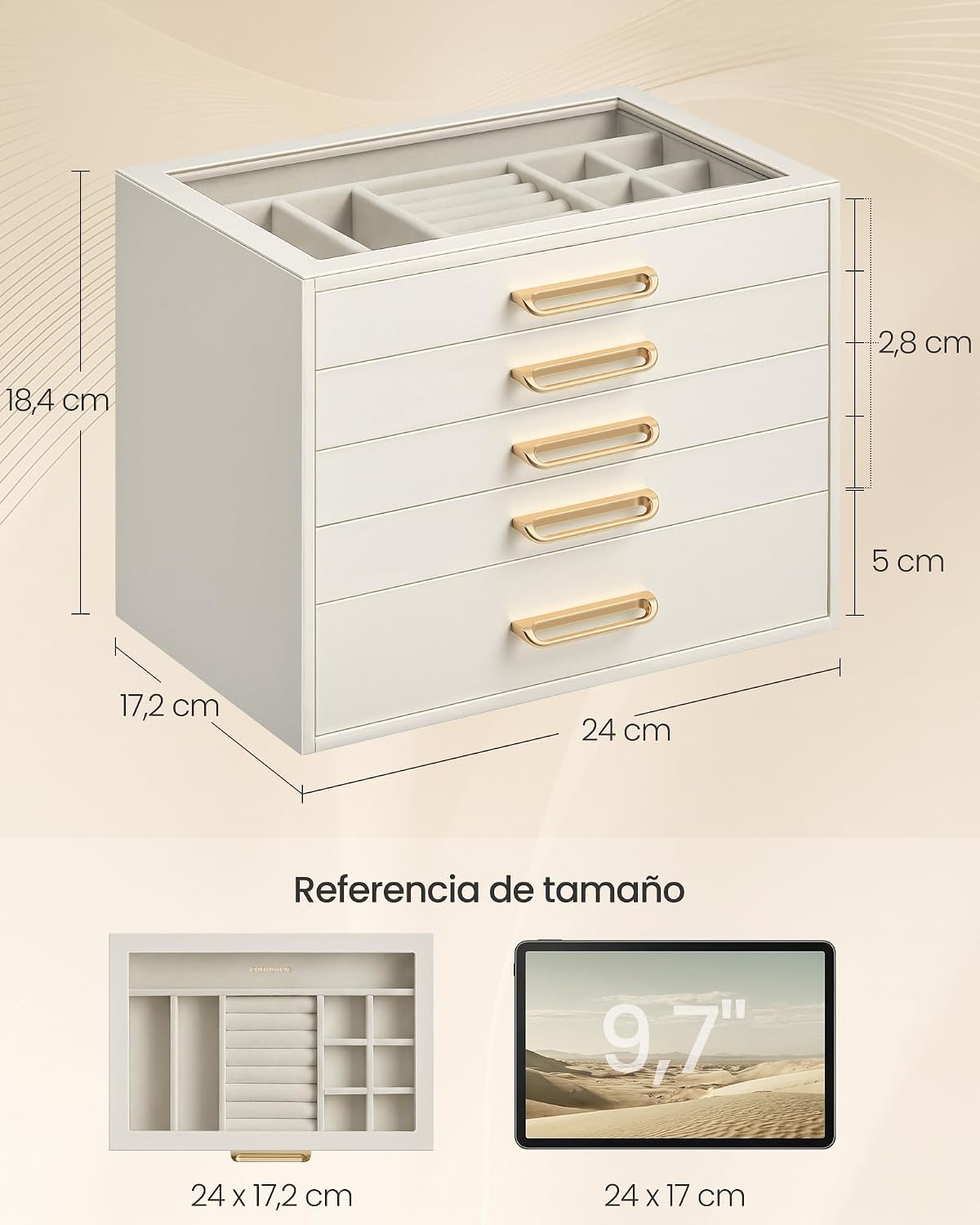 Detalle de SONGMICS Joyero con 5 cajones y tapa de cristal – Organizador elegante para tocador
