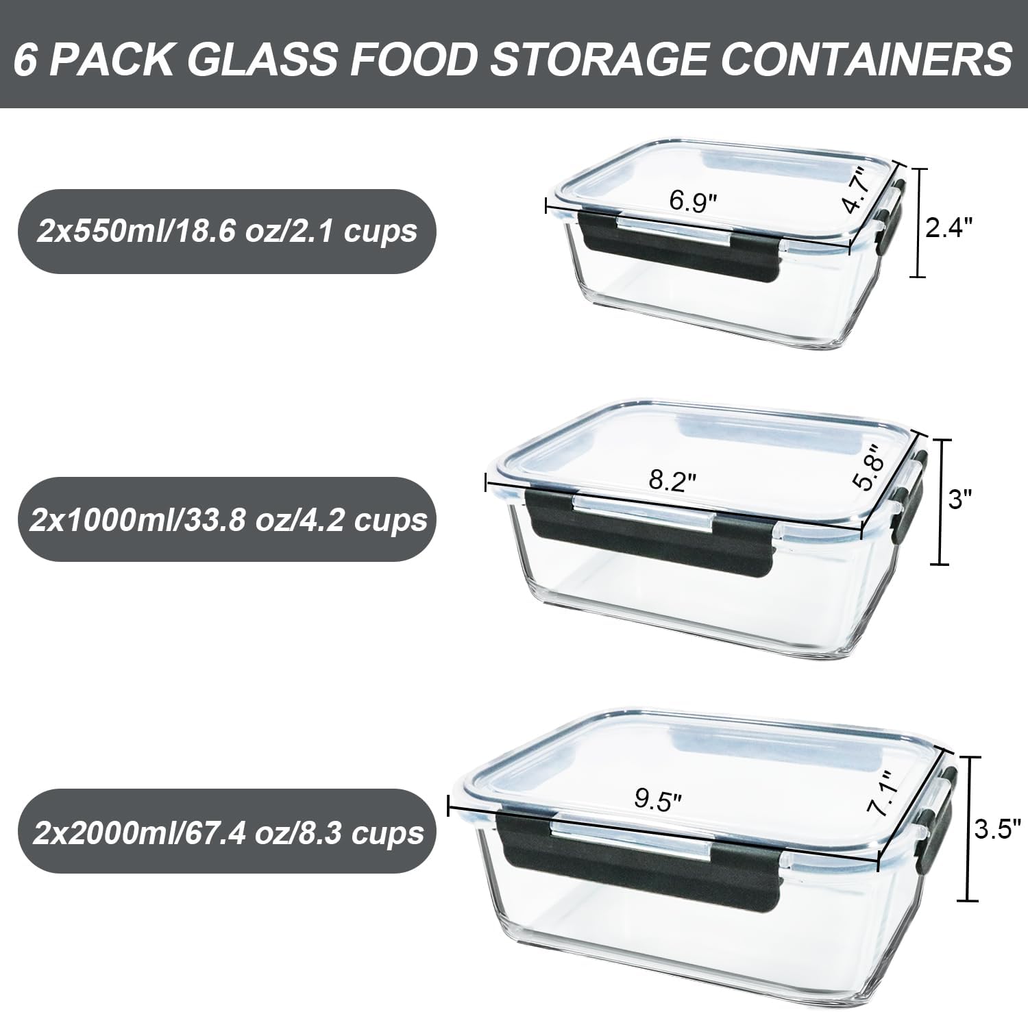 Thumbnail 1 de M MCIRCO 67.4oz Extra Large Glass Storage Containers Set (6 Pack) with Airtight Lids