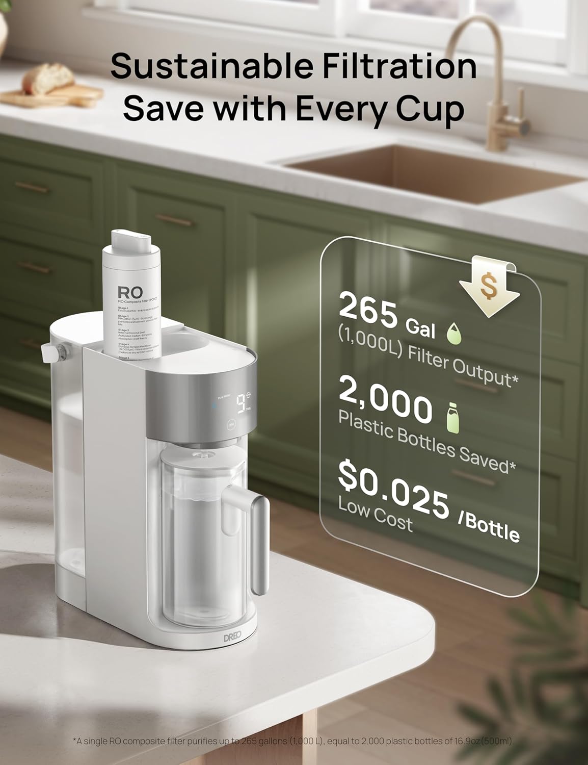Detalle 2 de Dreo Countertop Reverse Osmosis Water Filter (RO) with 3:1 Pure-to-Drain Autofill Pitcher