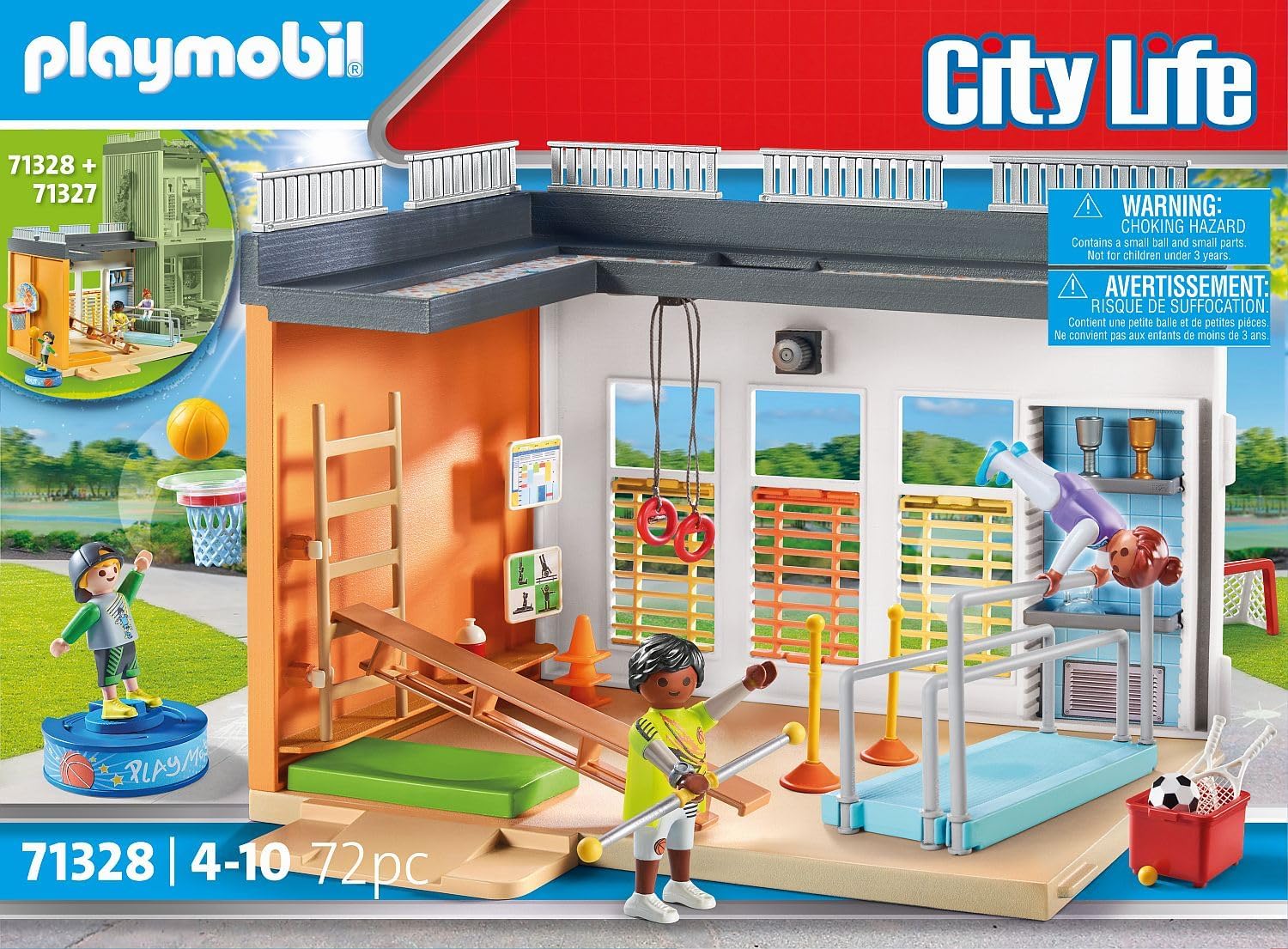 Detalle de PLAYMOBIL City Life 71328 Anbau Turnhalle – 72-teiliges Sportset mit Basketballkorb, Fußballtor und mehr