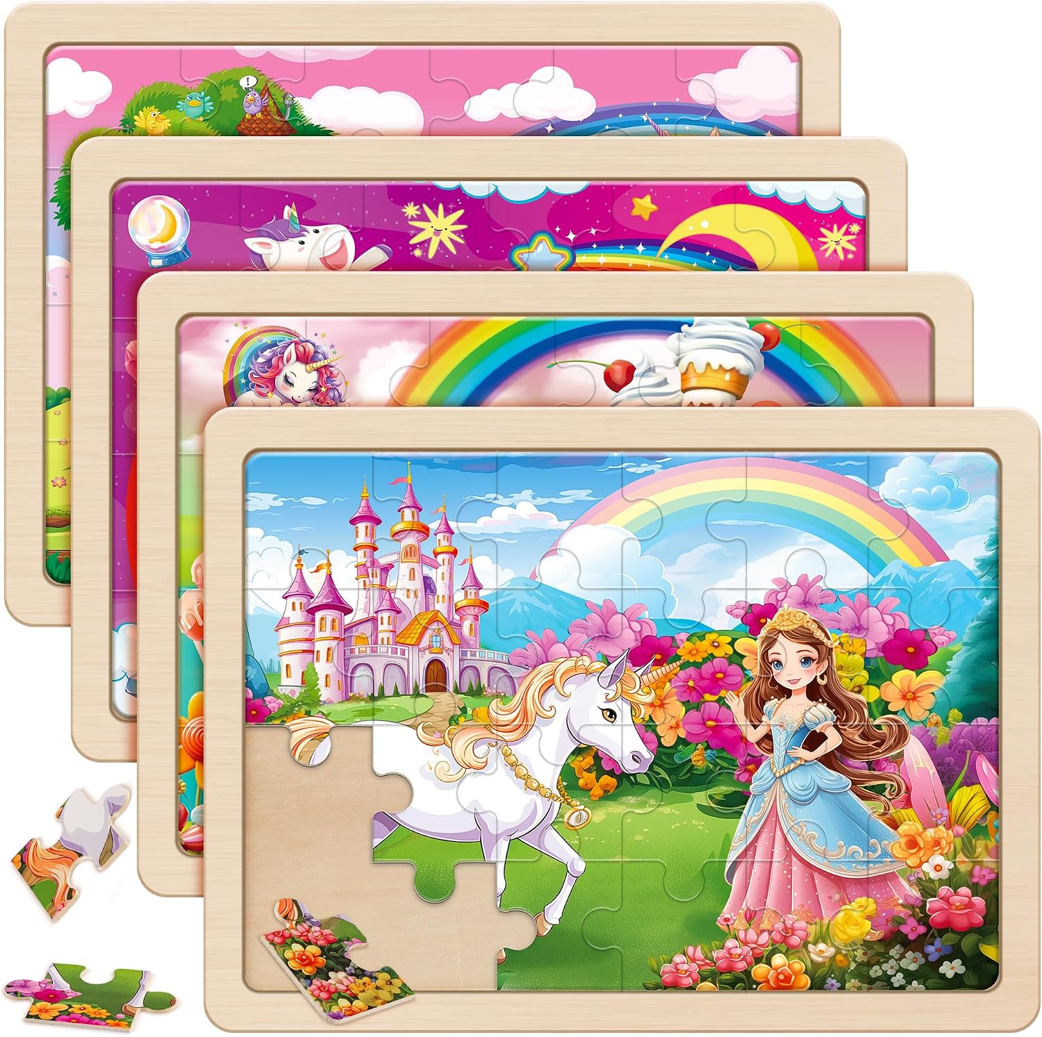 Detalle de SYNARRY Unicorn Princess Fairy wooden jigsaw puzzle set (4 packs, 24 pieces) for ages 3–6