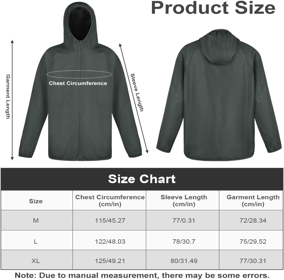 Detalle de BSBUY Regenjacke Faltbar Wasserdichte, Sonnenschutzmantel – Leichte Allwetter-Jacke für Outdoor, Grau, M-XL