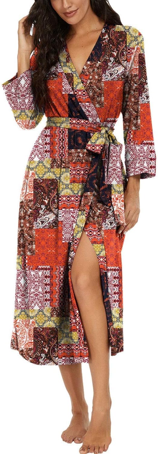 Detalle de PrinStory Damen Bademantel mit 3/4-Ärmeln, V-Ausschnitt & Kimono-Schnitt (leichter Morgenmantel)