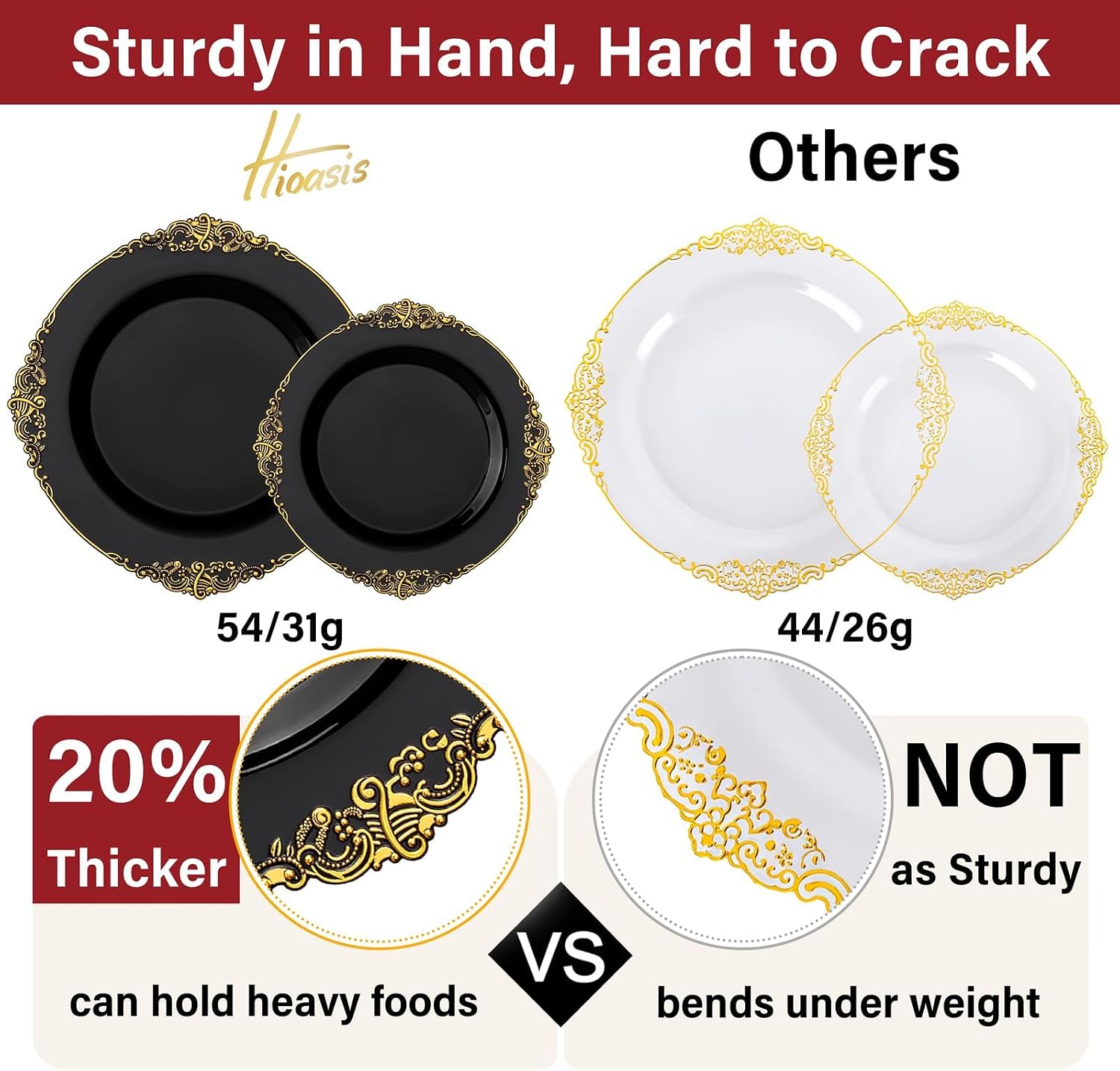 Detalle de Hioasis 350pcs Black & Gold Party Plates Set for 50 Guests