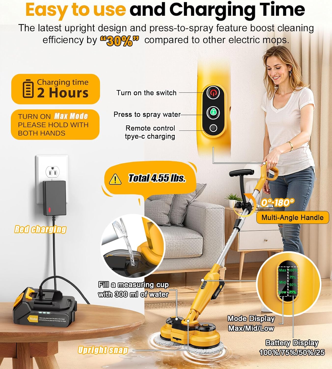 Detalle de qimedo M3 Pro 6000mAh Cordless Electric Mop & Scrubber — 800 RPM, Smart Display, LED Light, Water Spray