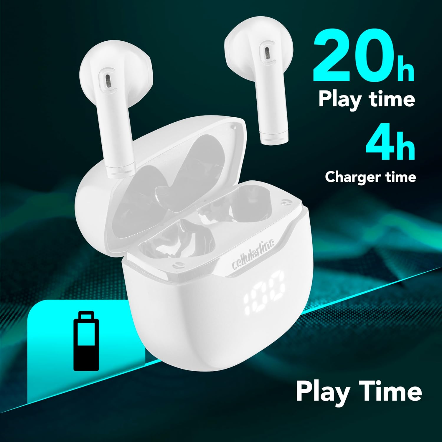 Detalle de Cellularline CORE True Wireless Bluetooth-Kopfhörer mit LED-Ladehülle, Touch-Steuerung und Double Master (weiß)