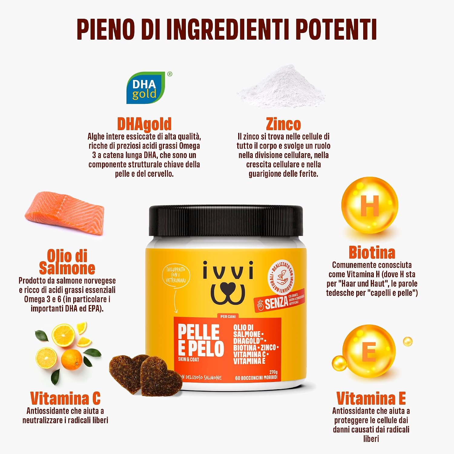Detalle de ivvi Skin & Coat – Integratore per cani con olio di salmone, vitamine e zinco (60 chicche di salmone)