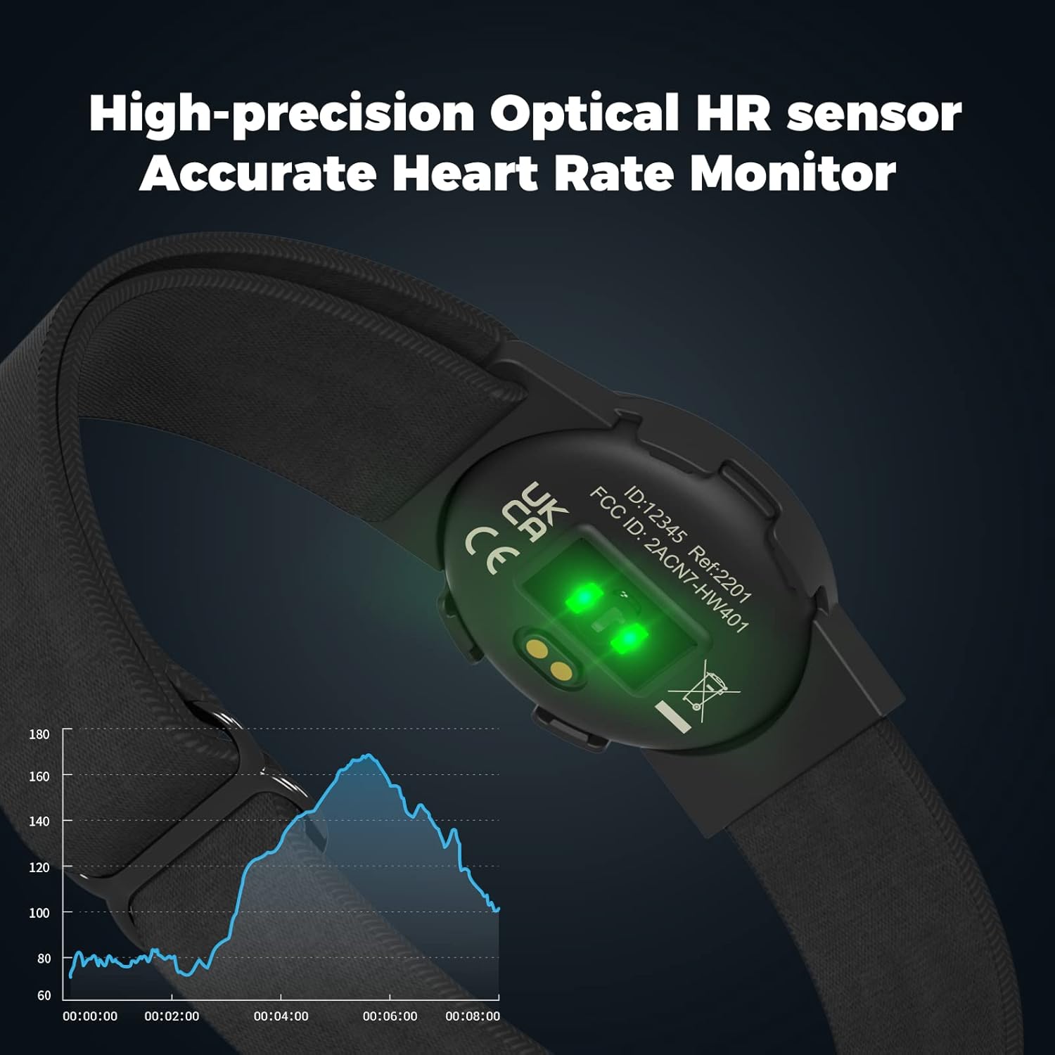 Detalle 2 de moofit HW401 fascia cardio da braccio Bluetooth/ANT+ con LED e batteria ricaricabile