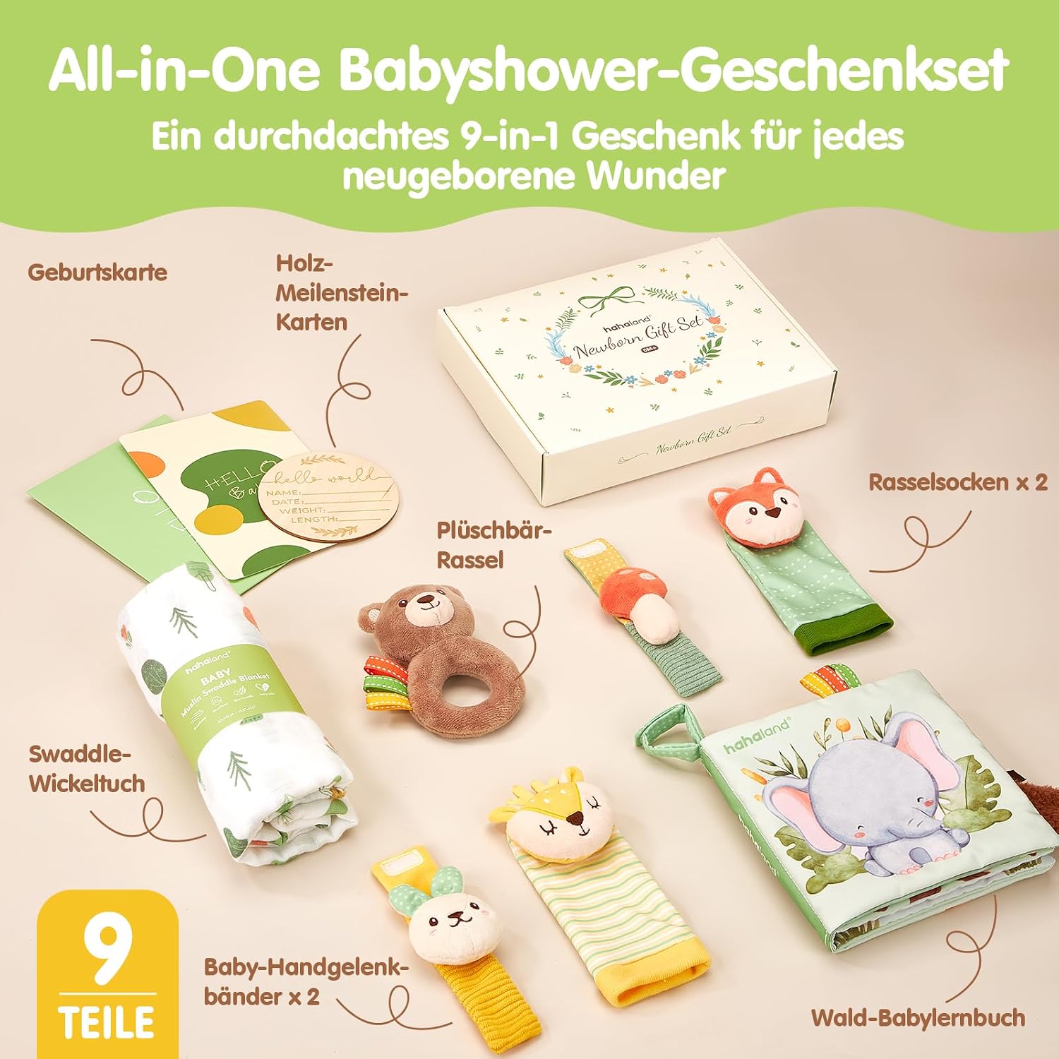 Detalle de Hahaland 9-teiliges Baby Geschenkset – Waldmotiv, Wickeltuch, Rasseln und Meilensteinkarten