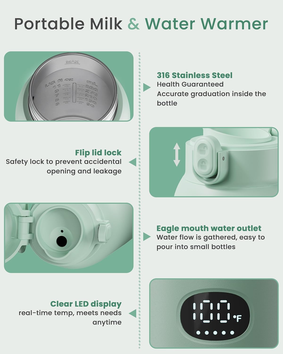 Thumbnail 4 de Portable Baby Bottle Warmer with Dual Heating Modes – 500ml Capacity, Fast 120W Heating, Long-Lasting Battery (Light Green)
