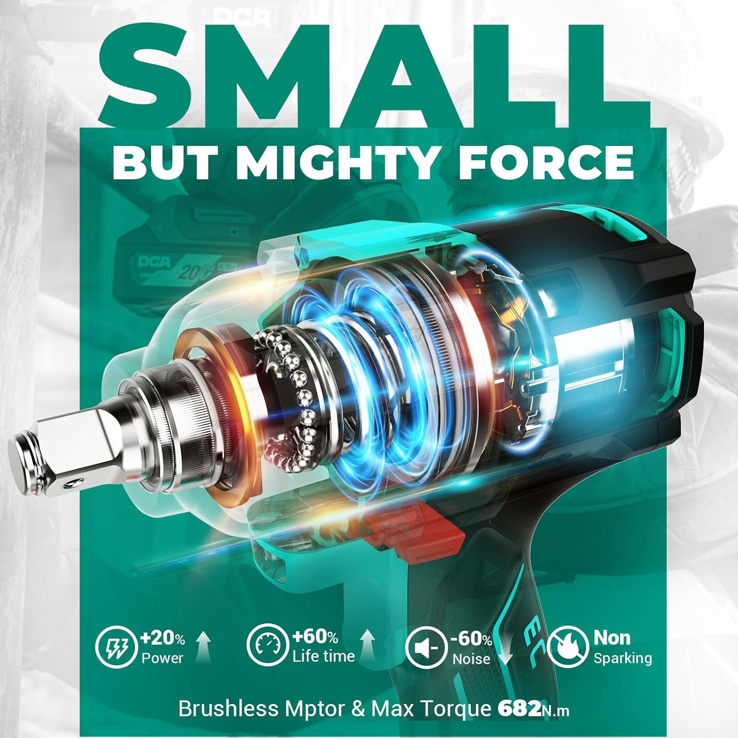 Thumbnail 1 de DCA 20V Brushless Impact Wrench Cordless (ADPB520) – 682Nm max torque, 1/2in hog ring