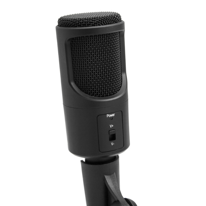 Detalle de Woxter Mic Studio 50, micrófono de condensador con trípode y control de volumen