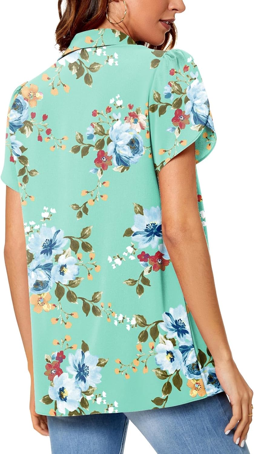 Detalle de Aodemo Women Summer Dressy Chiffon Collared V-Neck Pleated Short Sleeve Blouse