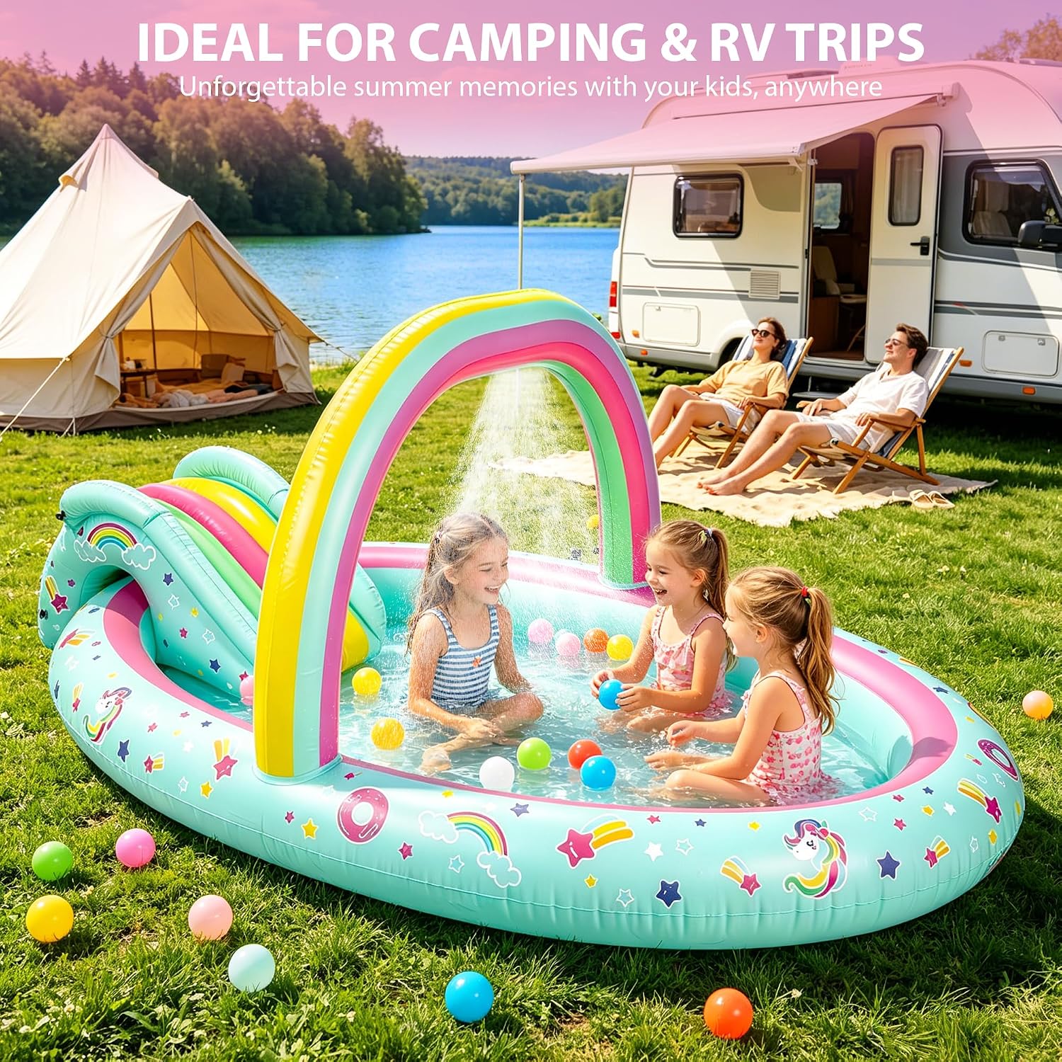 Detalle 2 de SULIFEEL Rainbow Unicorn Inflatable Play Center: 96'' x 59'' x 39'' Kiddie Pool with Slide and Sprinkler