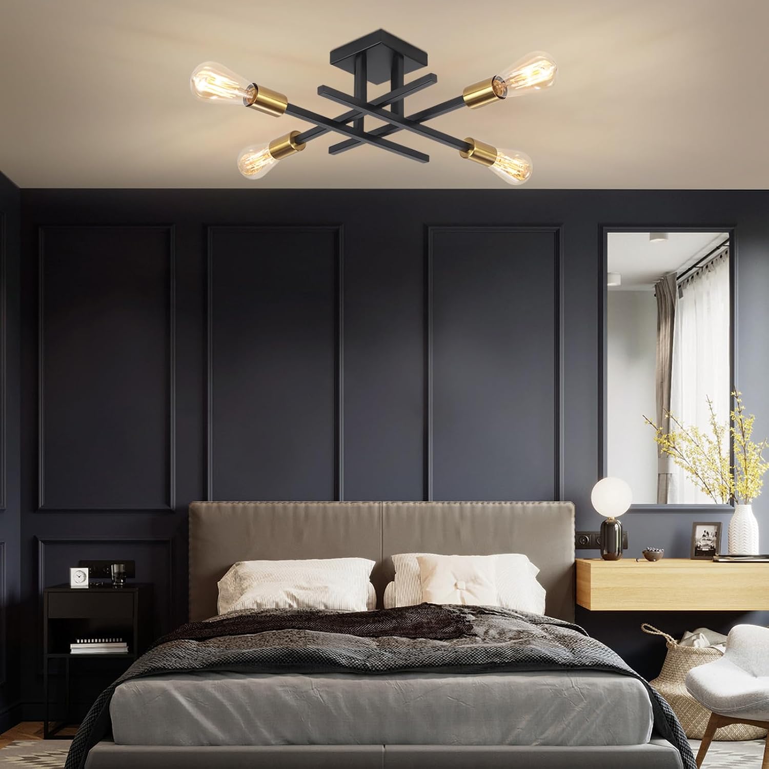 Detalle de QAREHL Black & Gold 4-Light Sputnik Chandelier Ceiling Light