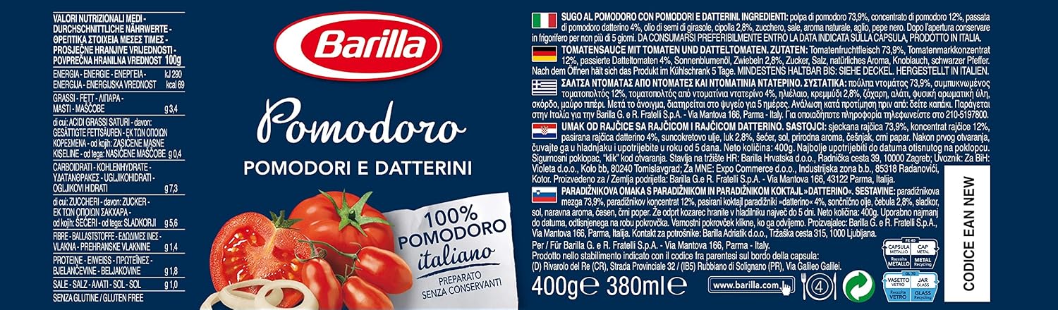 Detalle 2 de Barilla Pastasauce Pomodoro – Tomatensauce, 3er-Pack (je 400 g) – vegetarisch, vegan, gluten- & laktosefrei